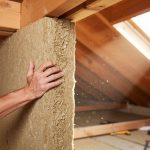 Panneau de fibre de bois posé entre chevrons dans des combles en rénovation