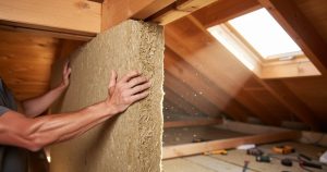 Panneau de fibre de bois posé entre chevrons dans des combles en rénovation