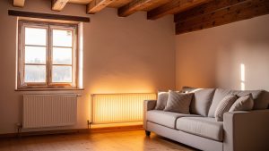 Intérieur d’une maison ancienne rénovée, lumineux et chaleureux, avec une sensation de confort thermique et des éléments montrant une meilleure efficacité énergétique.