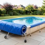 Piscine familiale rectangulaire recouverte d’une bâche à bulles bleue, avec un enrouleur en aluminium sur pieds à roues, installée sur une terrasse propre en plein jour.