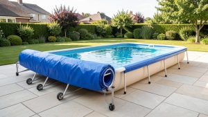 Piscine familiale rectangulaire recouverte d’une bâche à bulles bleue, avec un enrouleur en aluminium sur pieds à roues, installée sur une terrasse propre en plein jour.