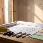 Plan de travaux sur une table en bois avec mètre, plans d’architecture, outils de rénovation et échantillons de matériaux dans une maison en rénovation, éclairage chaud et ambiance chantier.