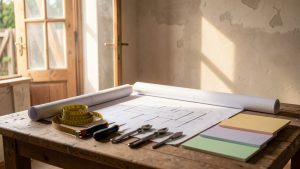 Plan de travaux sur une table en bois avec mètre, plans d’architecture, outils de rénovation et échantillons de matériaux dans une maison en rénovation, éclairage chaud et ambiance chantier.