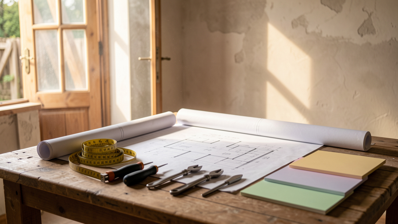 Plan de travaux sur une table en bois avec mètre, plans d’architecture, outils de rénovation et échantillons de matériaux dans une maison en rénovation, éclairage chaud et ambiance chantier.