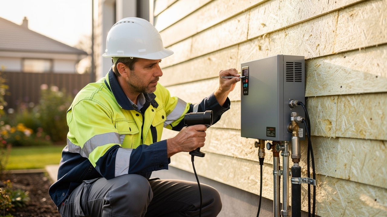 Technicien en rénovation énergétique analysant l’isolation et une pompe à chaleur près d’une maison rénovée, avec une caméra thermique et des outils de mesure.
