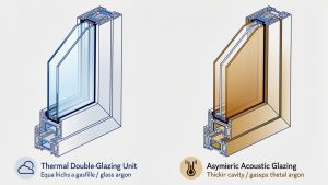 Comparaison en coupe de deux fenêtres : un double vitrage thermique avec une lame remplie d’argon et un vitrage acoustique asymétrique composé de vitres d’épaisseurs différentes.