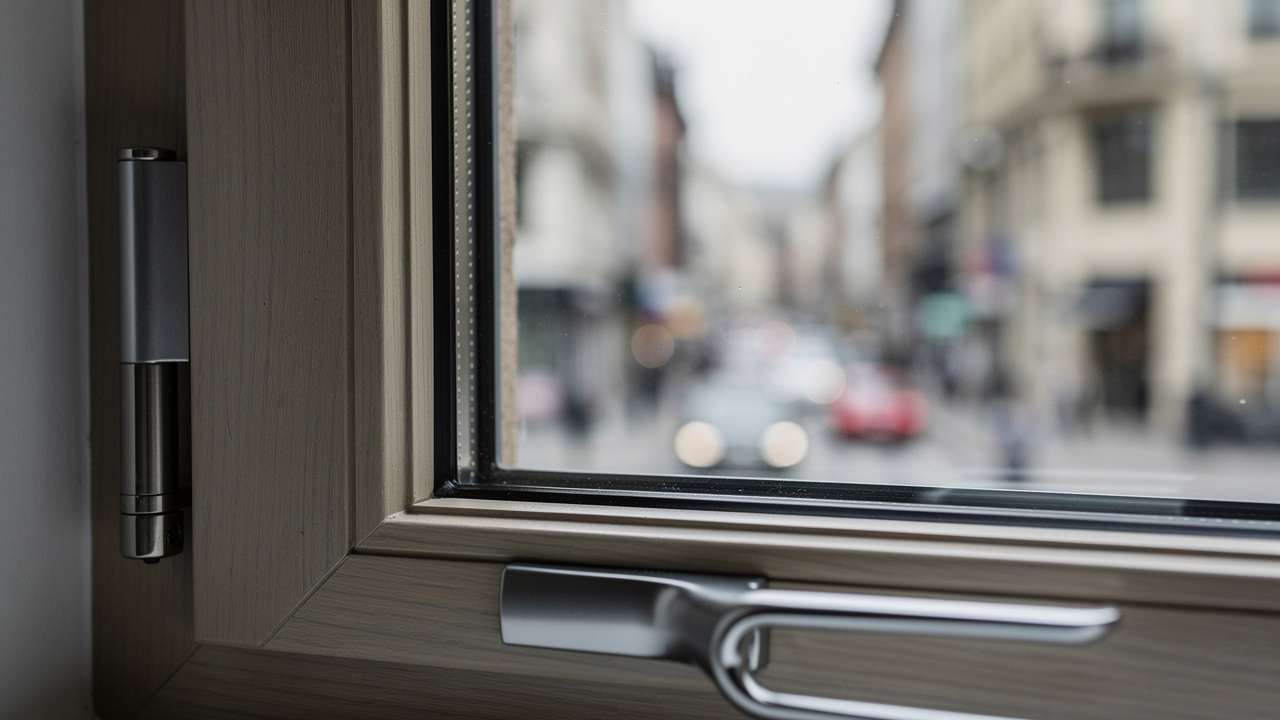 Fenêtre rénovée avec vitrage acoustique installé dans une menuiserie, joints d’étanchéité visibles et rue passante floutée en arrière-plan.