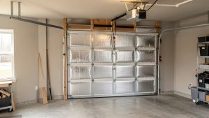 Porte de garage basculante isolée avec des panneaux ajustés, en laissant les charnières, ressorts et rails entièrement dégagés.