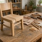 Atelier lumineux de bricolage avec un établi en bois, une petite chaise à réparer et des outils manuels soigneusement rangés.