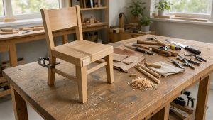 Atelier lumineux de bricolage avec un établi en bois, une petite chaise à réparer et des outils manuels soigneusement rangés.