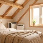 Chambre mansardée chaleureuse avec une unité de climatisation réversible mobile installée discrètement sous la pente du toit, sans modification visible des murs.