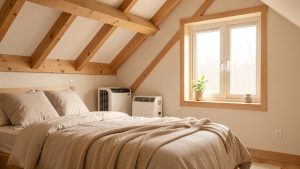Chambre mansardée chaleureuse avec une unité de climatisation réversible mobile installée discrètement sous la pente du toit, sans modification visible des murs.